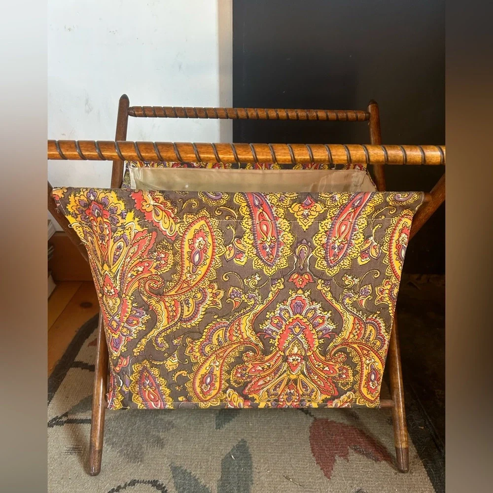 Vintage Boho Yarn Caddy Wooden Cotton Paisley Carryall